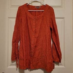 Flax Linen Tunic Top Small Orange Long Sleeve Button Down